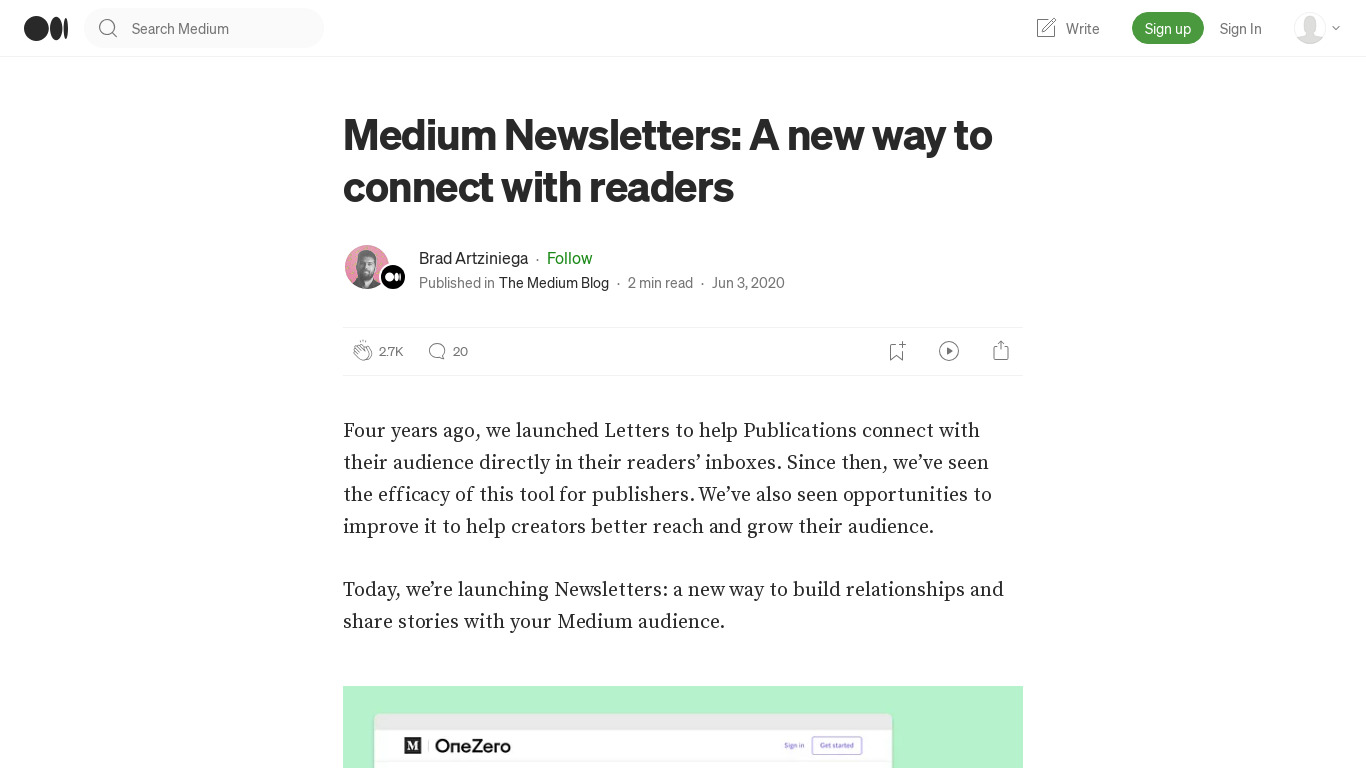 Medium Newsletters Landing page
