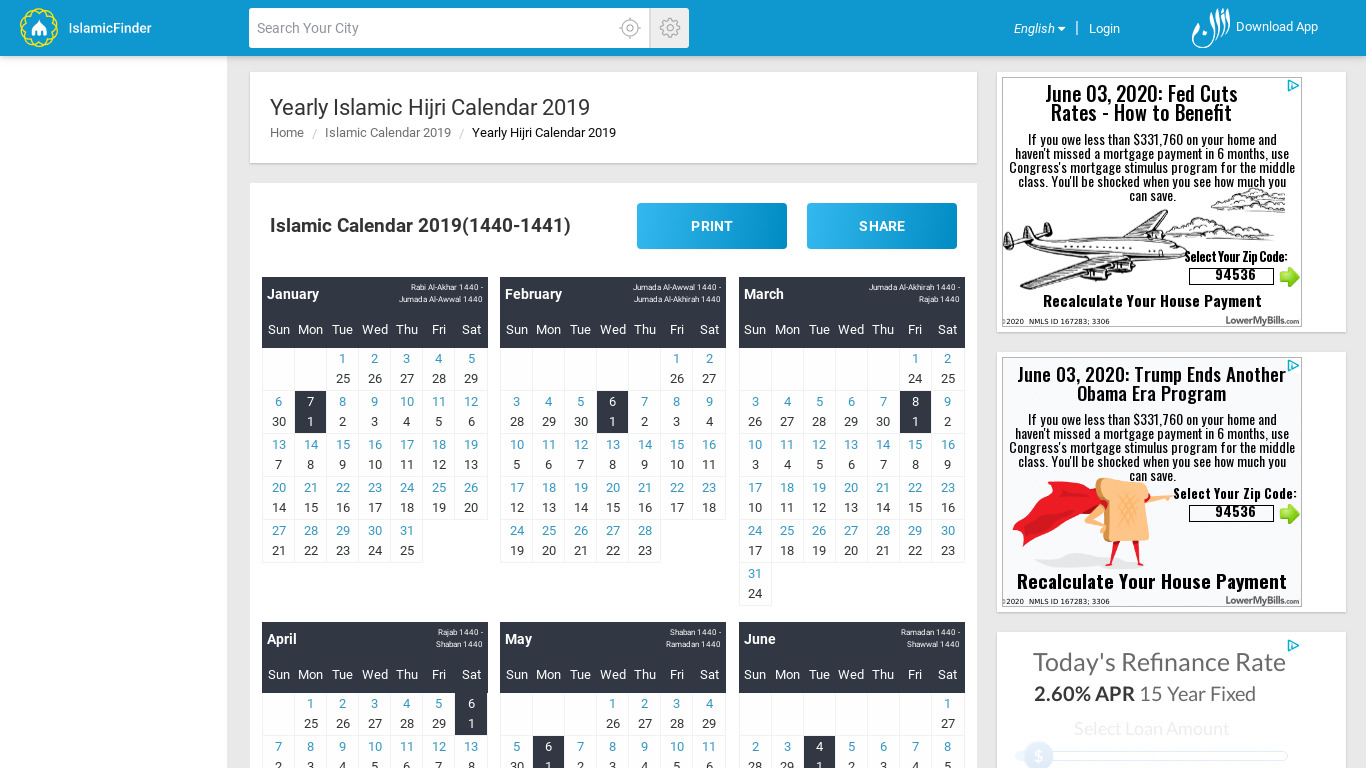 Islamic Hijri Calendar 2019 Landing page