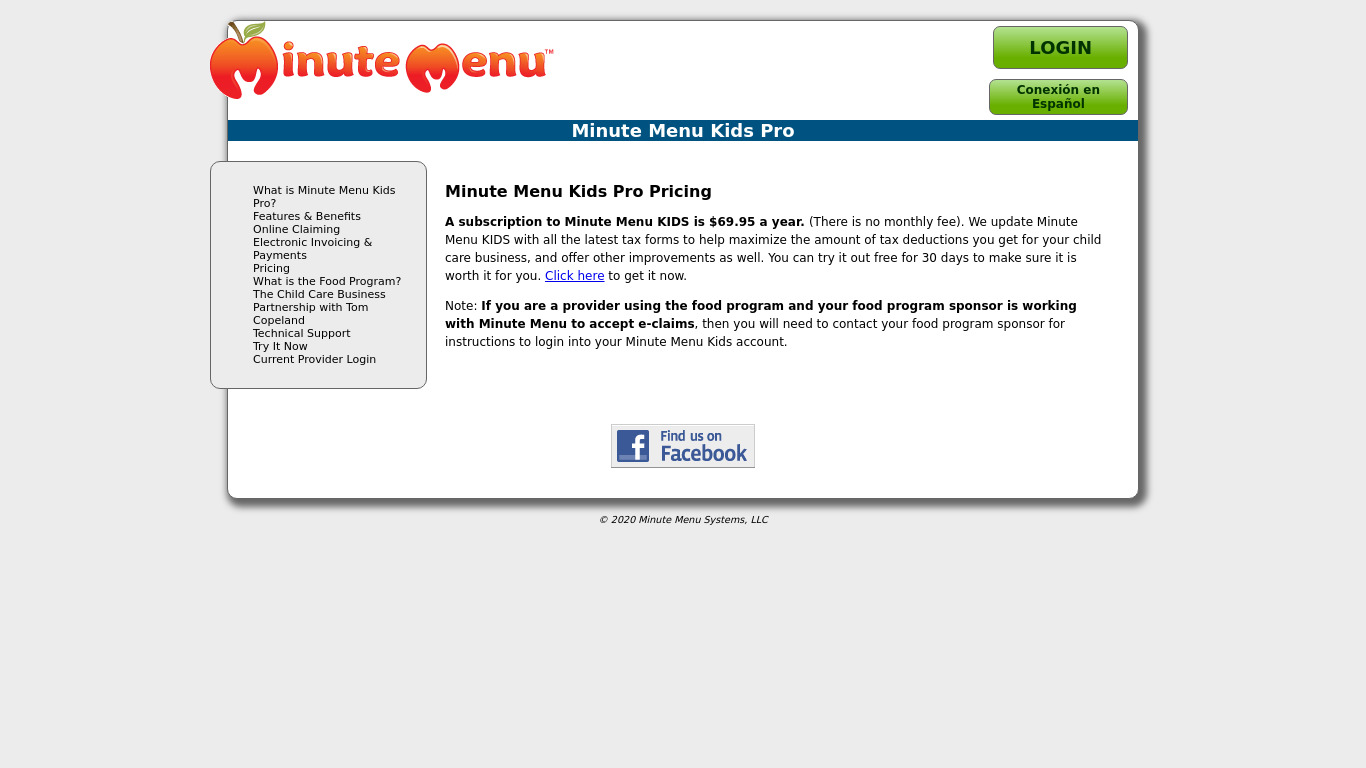 Minute Menu Kids Pro Landing page