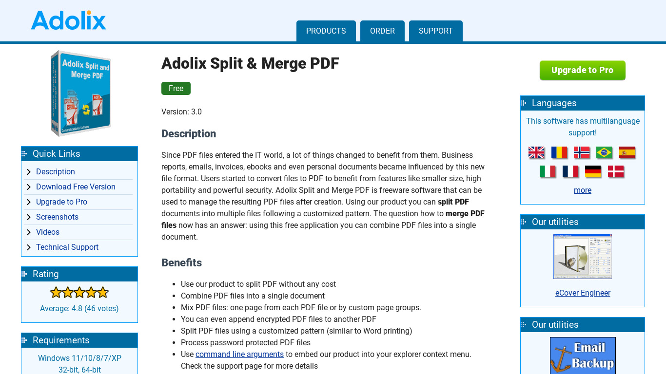 Adolix Split & Merge PDF Landing page