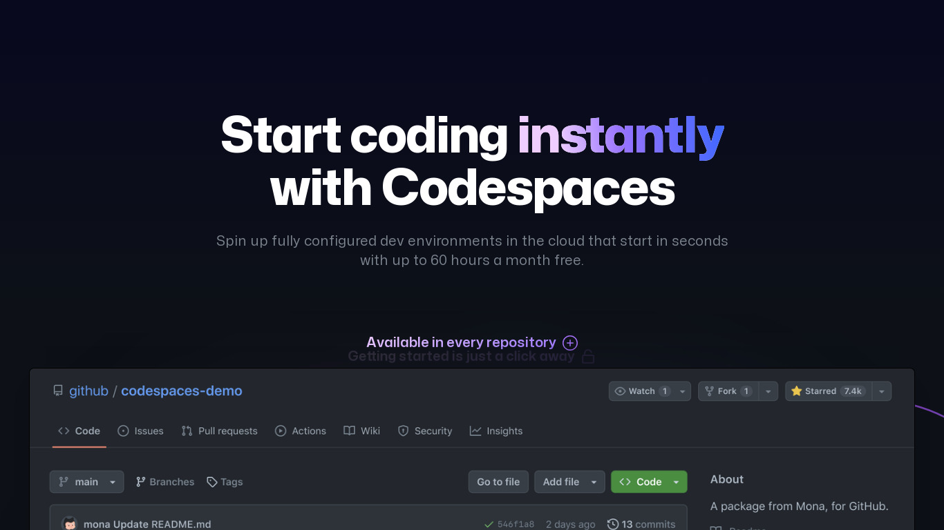 GitHub Codespaces Landing page