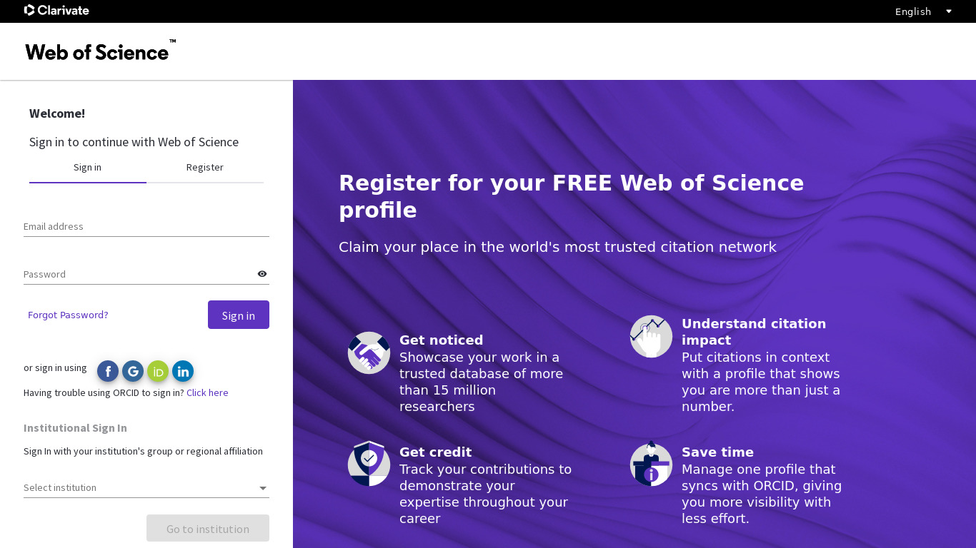 Web of Knowledge Landing page