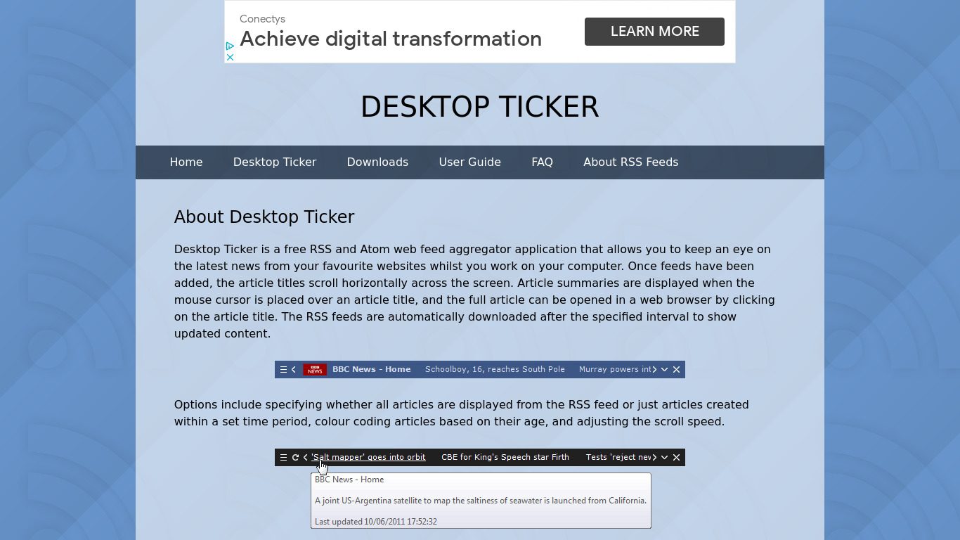Desktop Ticker Landing page