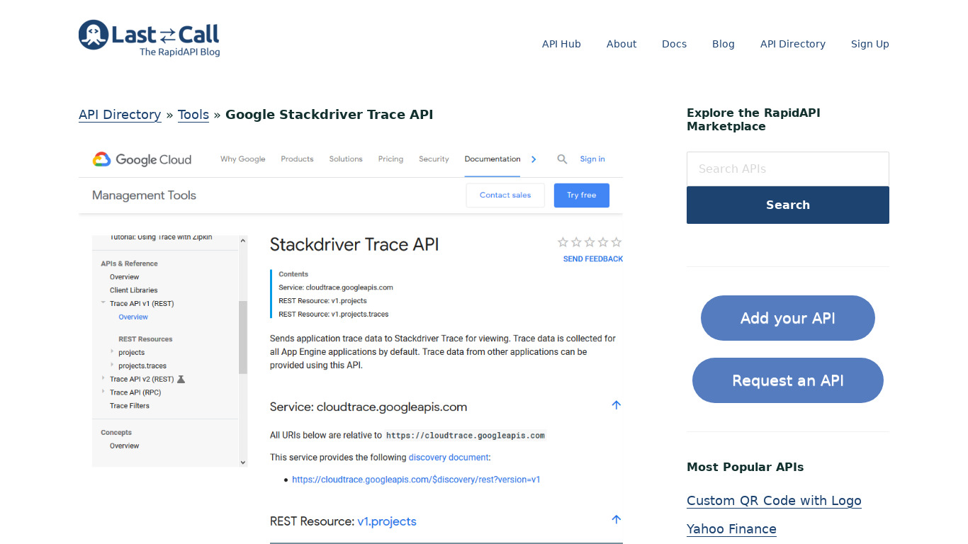 rapidapi.com Google Stackdriver Trace Landing page