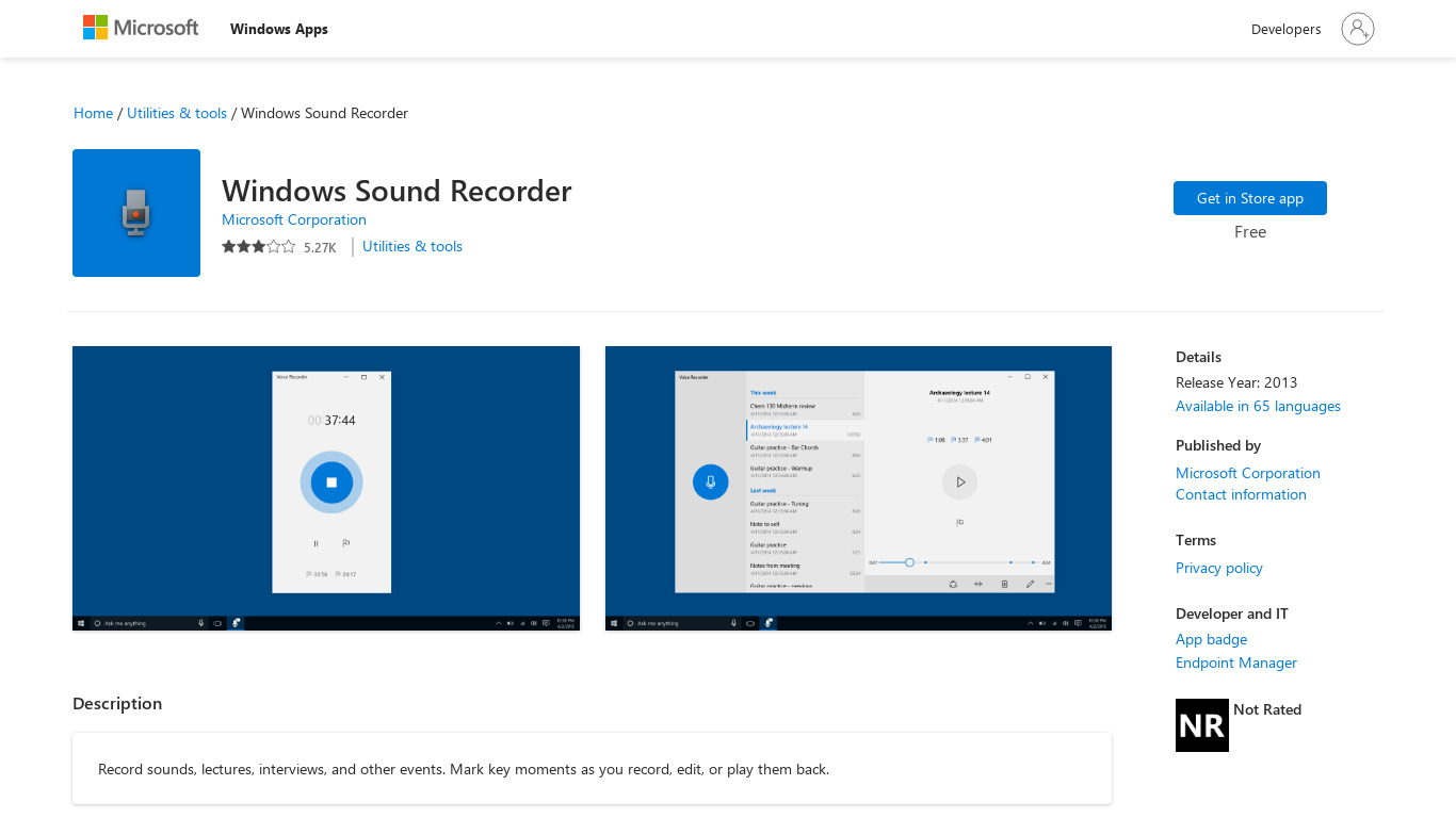 Windows Voice Recorder Landing page