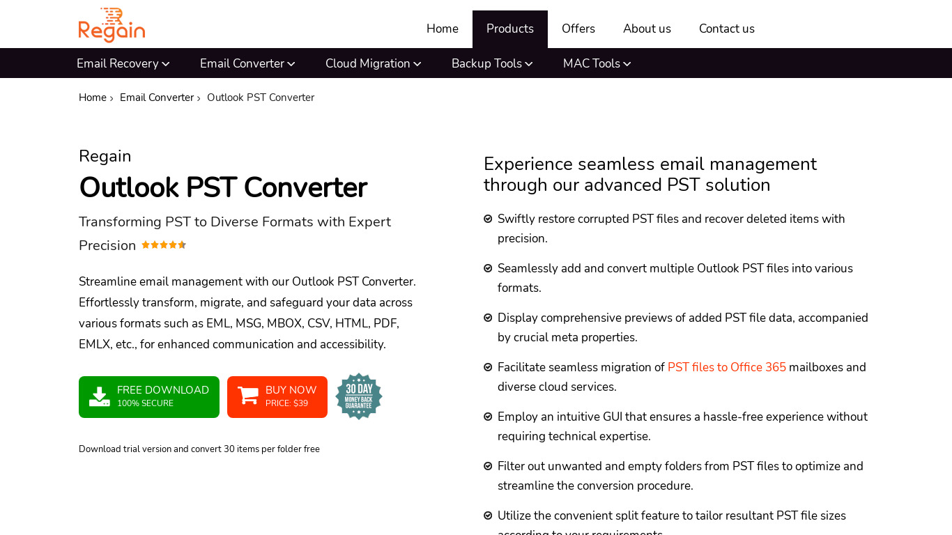 Regain Outlook PST Converter Landing page