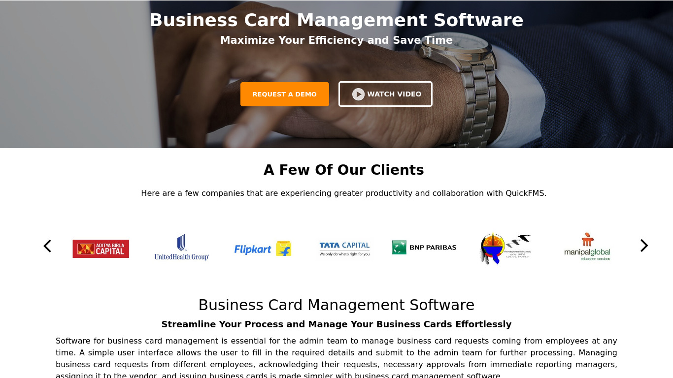 QuickFMS Business Card Management Software Landing page