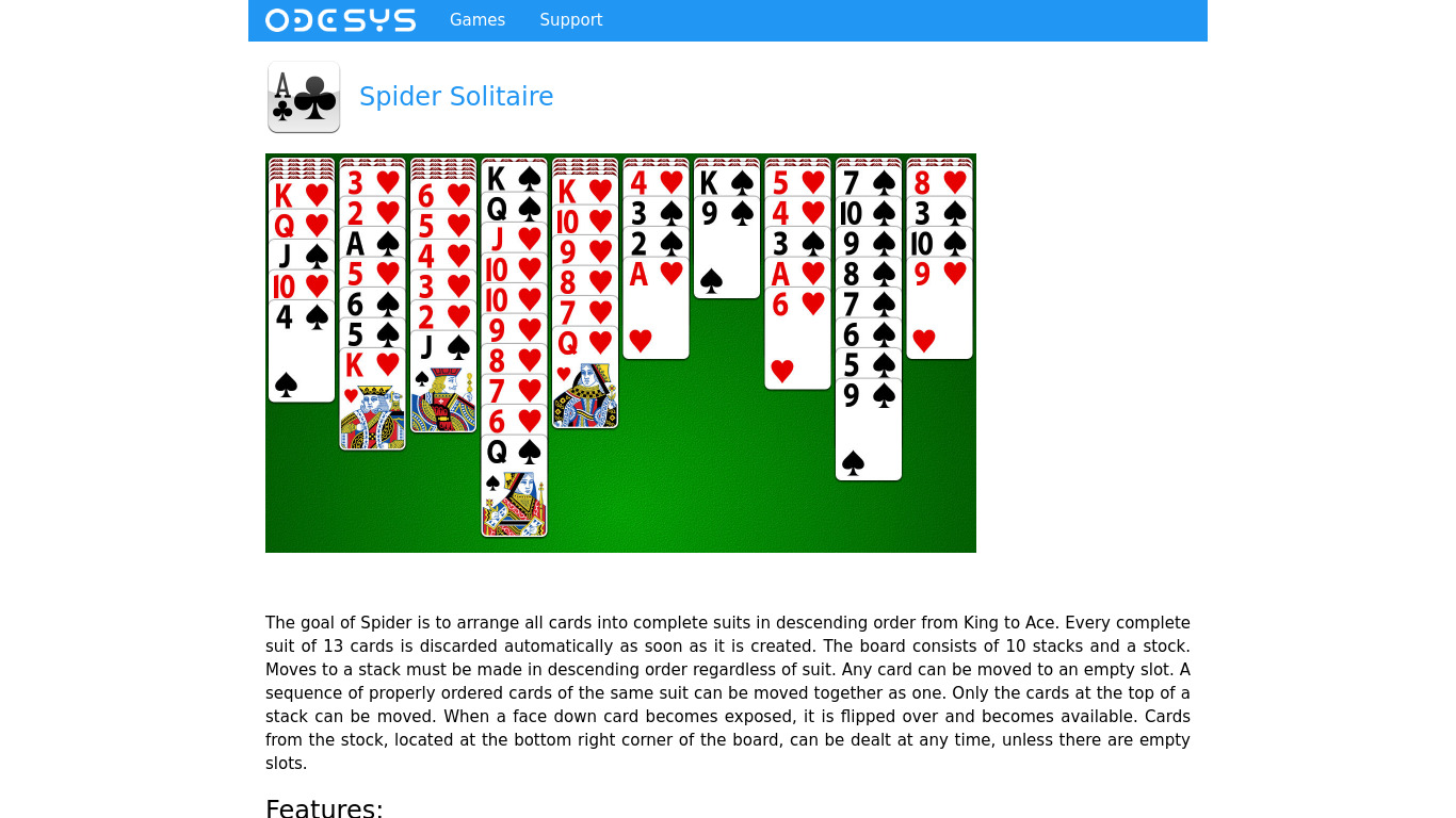 Odesys Spider Solitaire Landing page