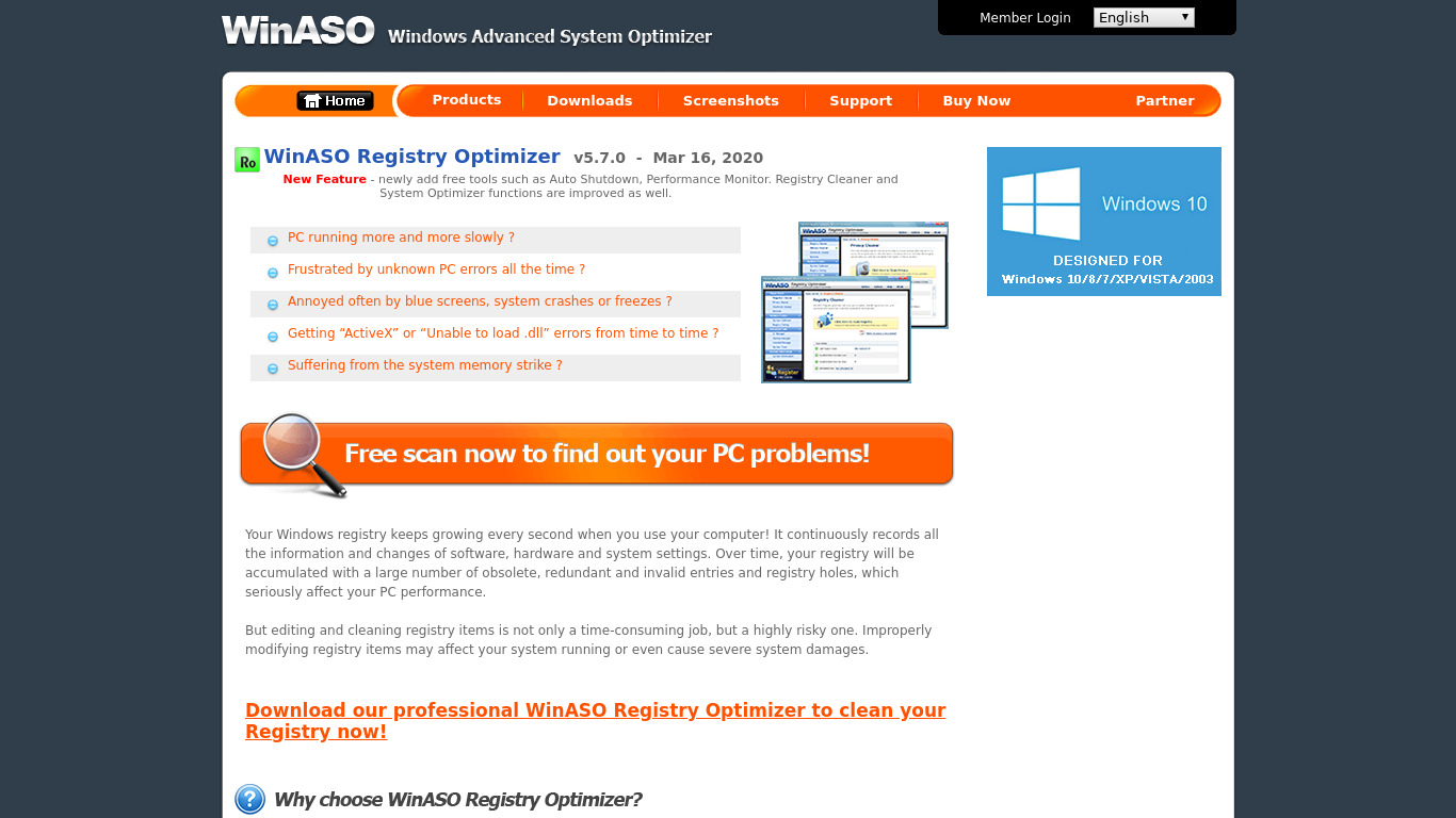 WinASO Registry Optimizer Landing page