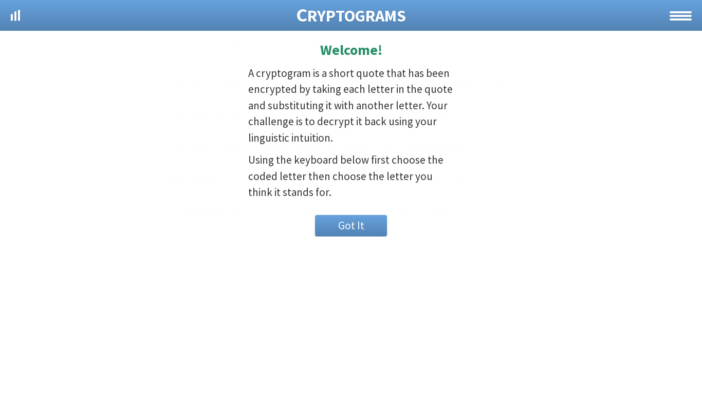 Cryptogram Puzzles Landing page