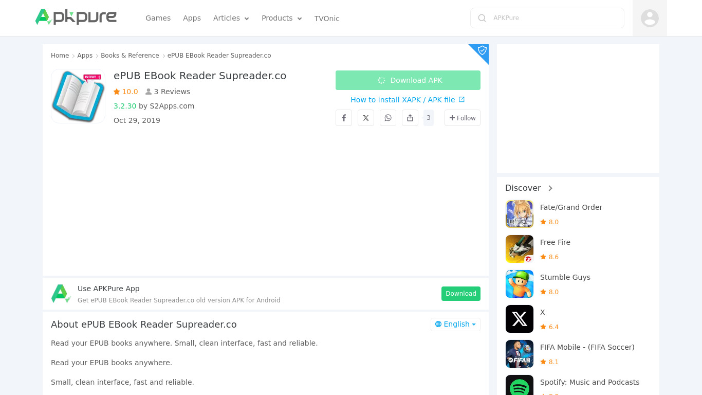 ePUB EBook Reader Supreader.com Landing page