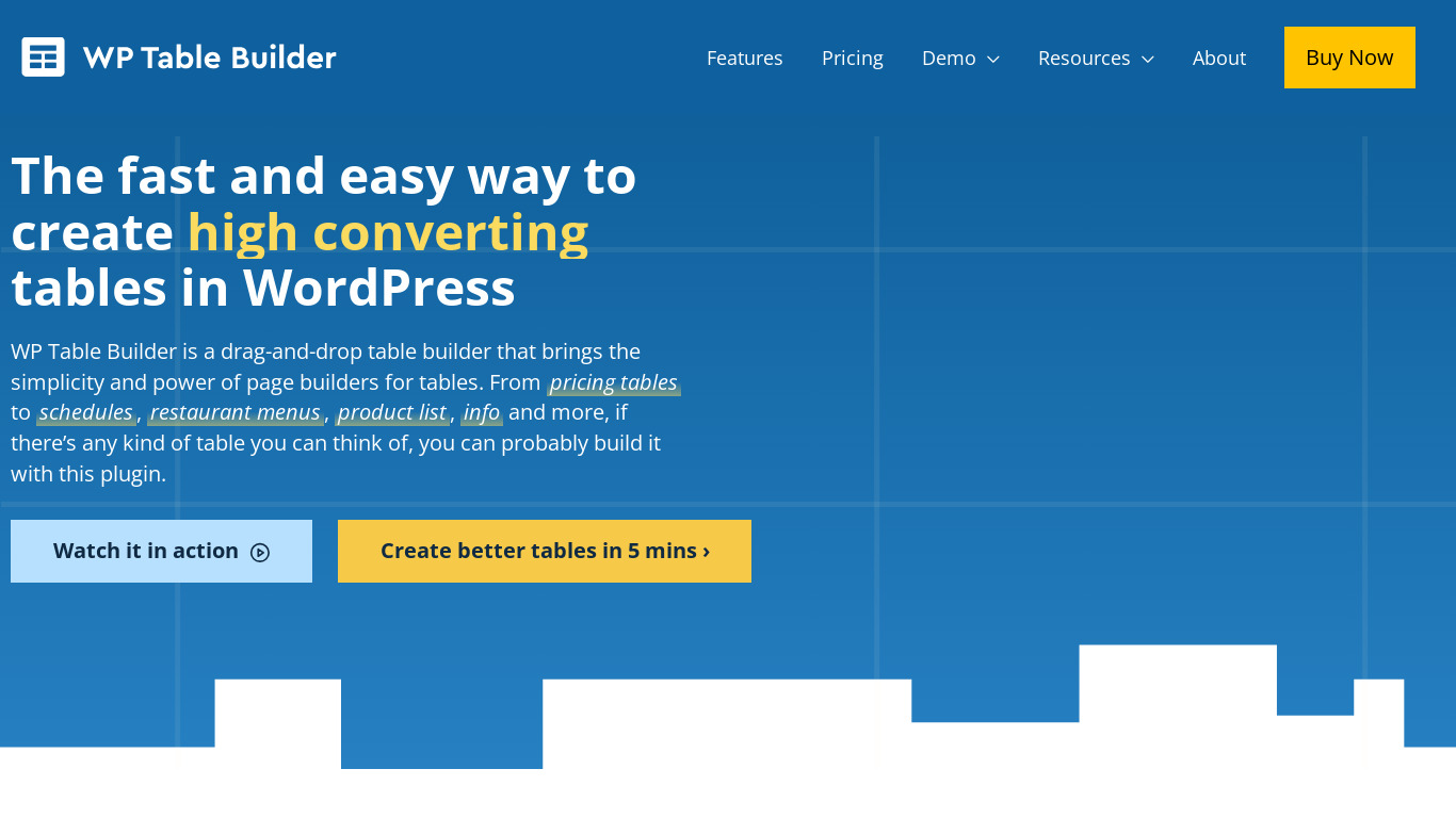 WP Table Builder Landing page