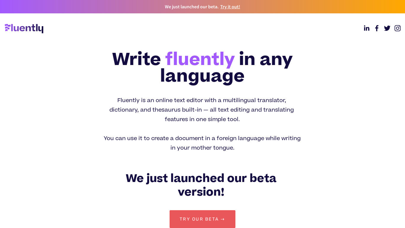 Fluently App Beta Landing page