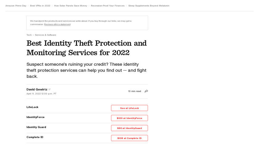 cnet.com Identity Theft Protection Landing Page