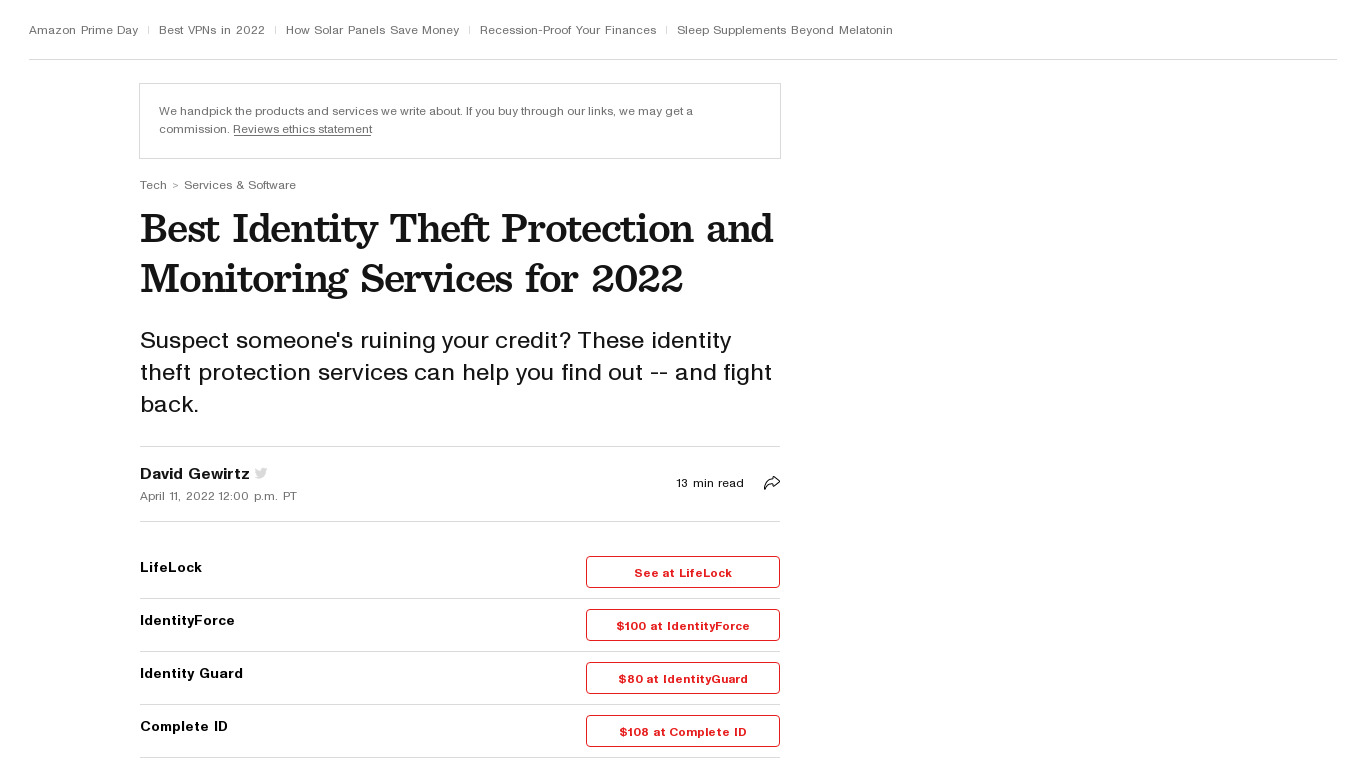 cnet.com Identity Theft Protection Landing page