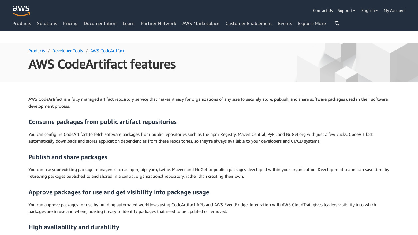AWS CodeArtifact Landing page