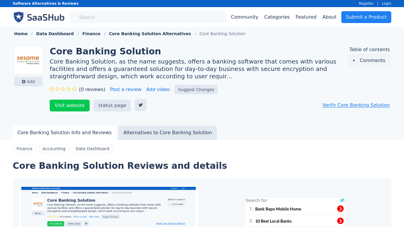 Core Banking Solution Landing page