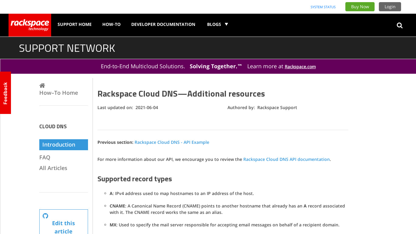 Rackspace Cloud DNS Landing page