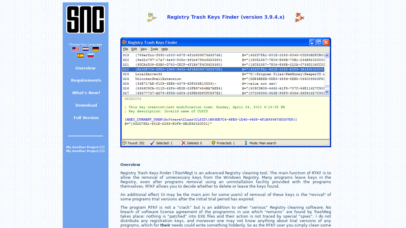 Registry Trash Keys Finder Landing page
