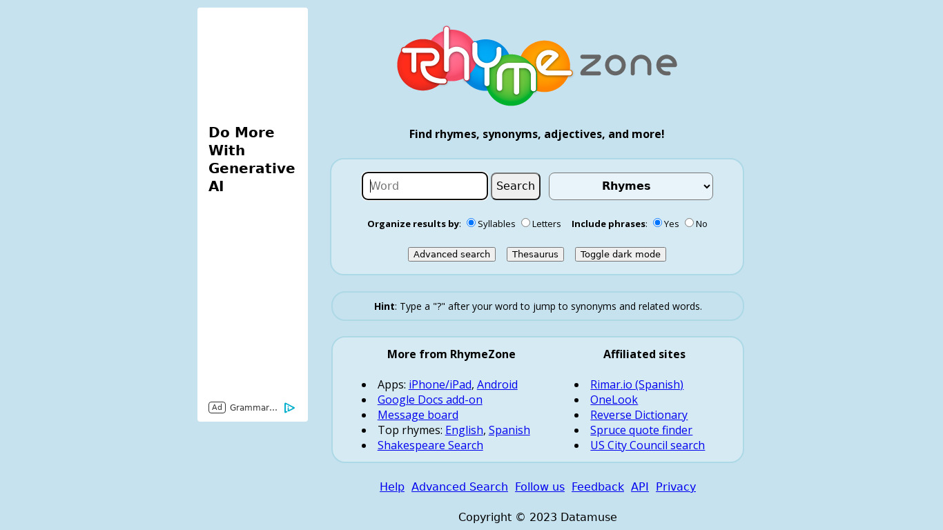 Rhyme Zone Landing page