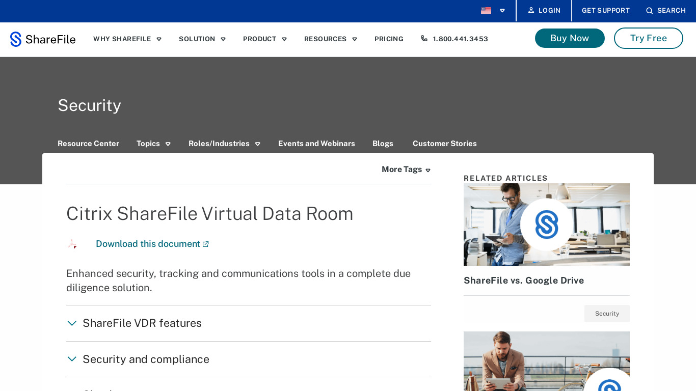 ShareFile Virtual Data Room Landing page