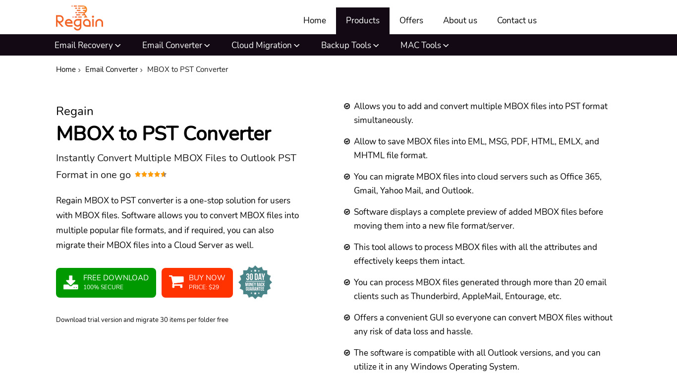 Regain MBOX to PST Converter Landing page