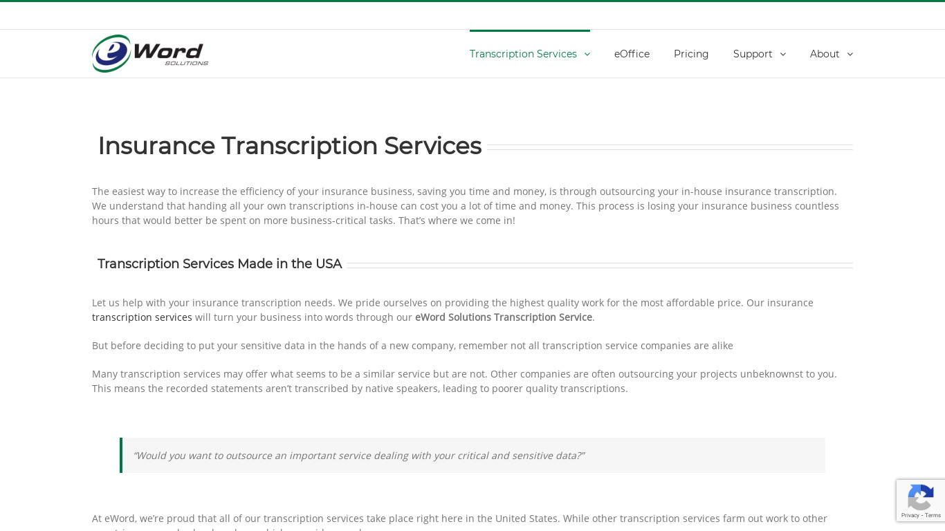 eWord Transcription Services Landing page