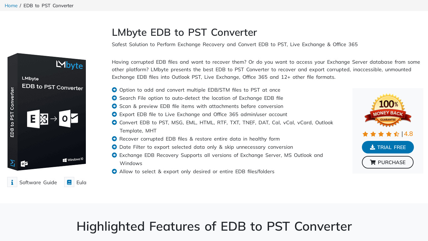 LMbyte EDB to PST Converter Landing page