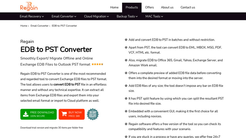 Regain EDB to PST Converter Landing Page