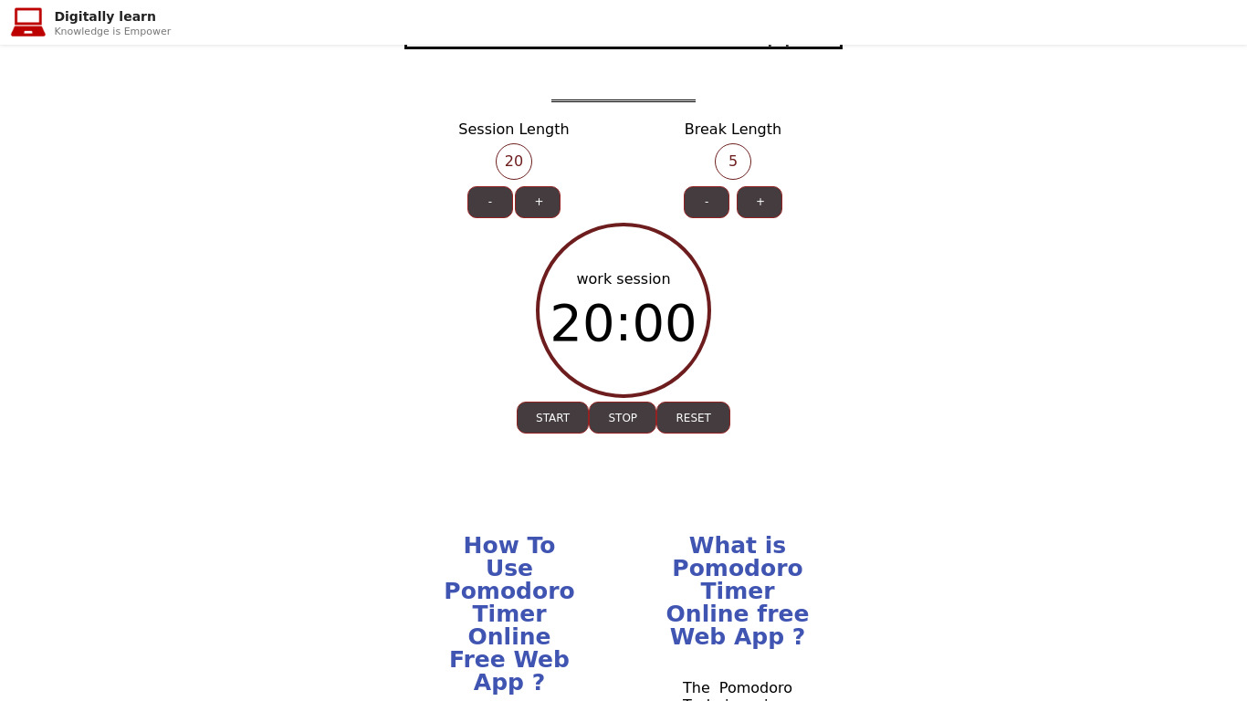 Pomodoro Timer by Digitally learn Landing page
