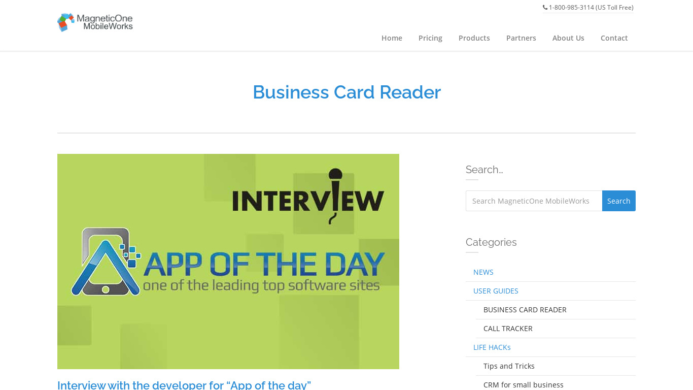 MagneticOne Mobile Business Card Reader Landing page