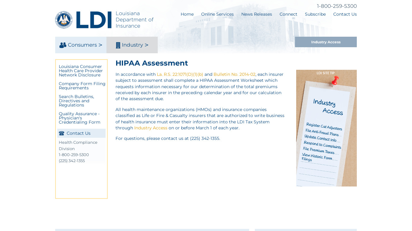 HIPAA Assessment Landing page