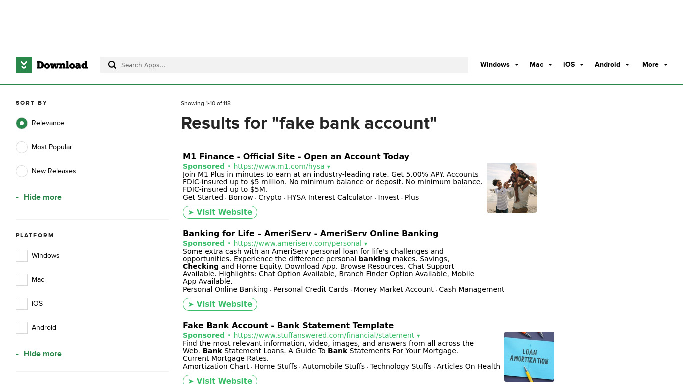 Fake Bank Account by Androbot Landing page