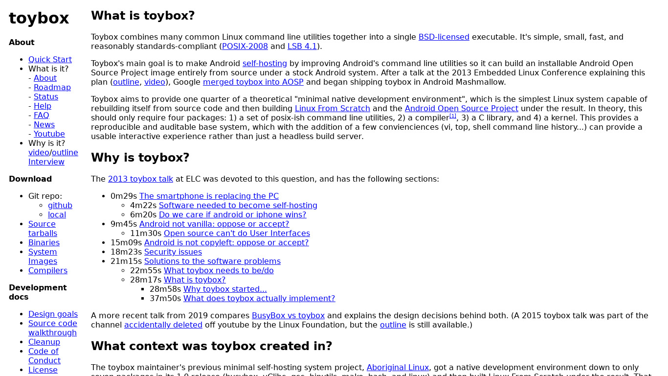 Toybox (Linux command line utilities) Landing page