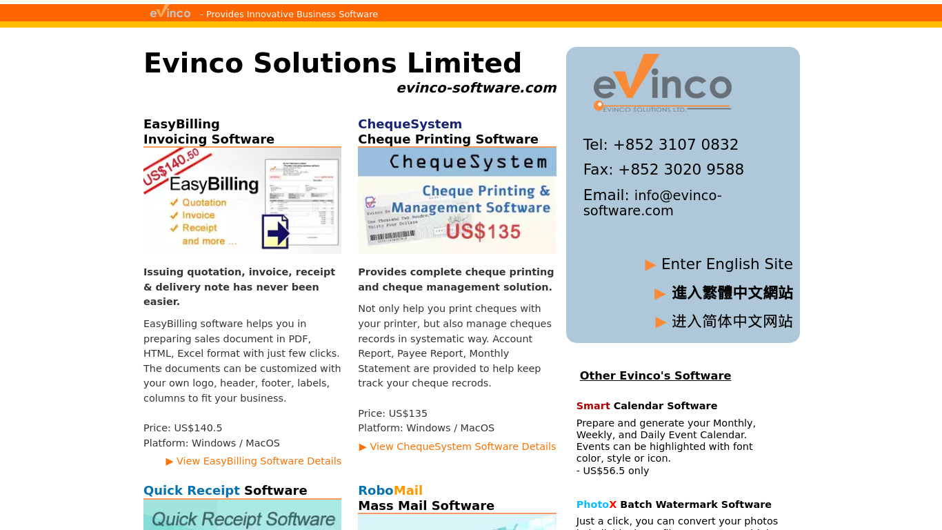 Cheque Writer by Evinco Landing page