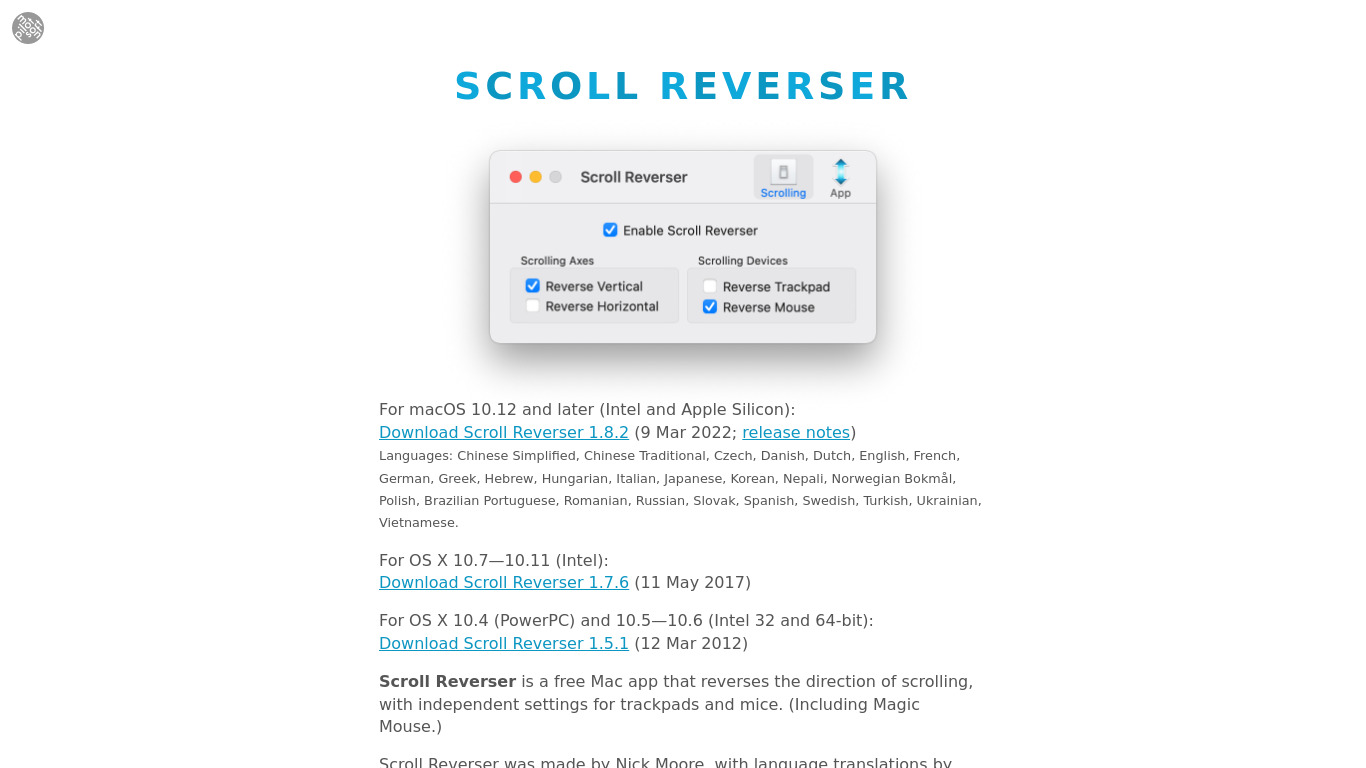 Scroll Reverser Landing page