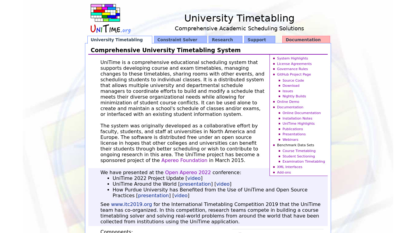 Unitime University Timetabling System Landing page