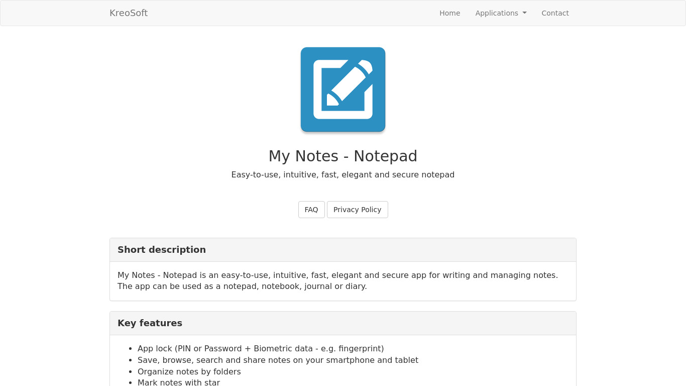 My Notes – Notepad Landing page