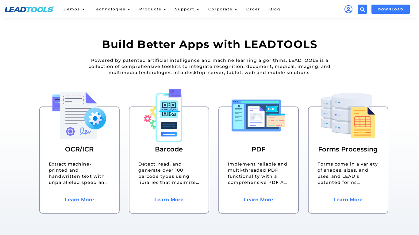LEADTOOLS Check Scanning App Landing page