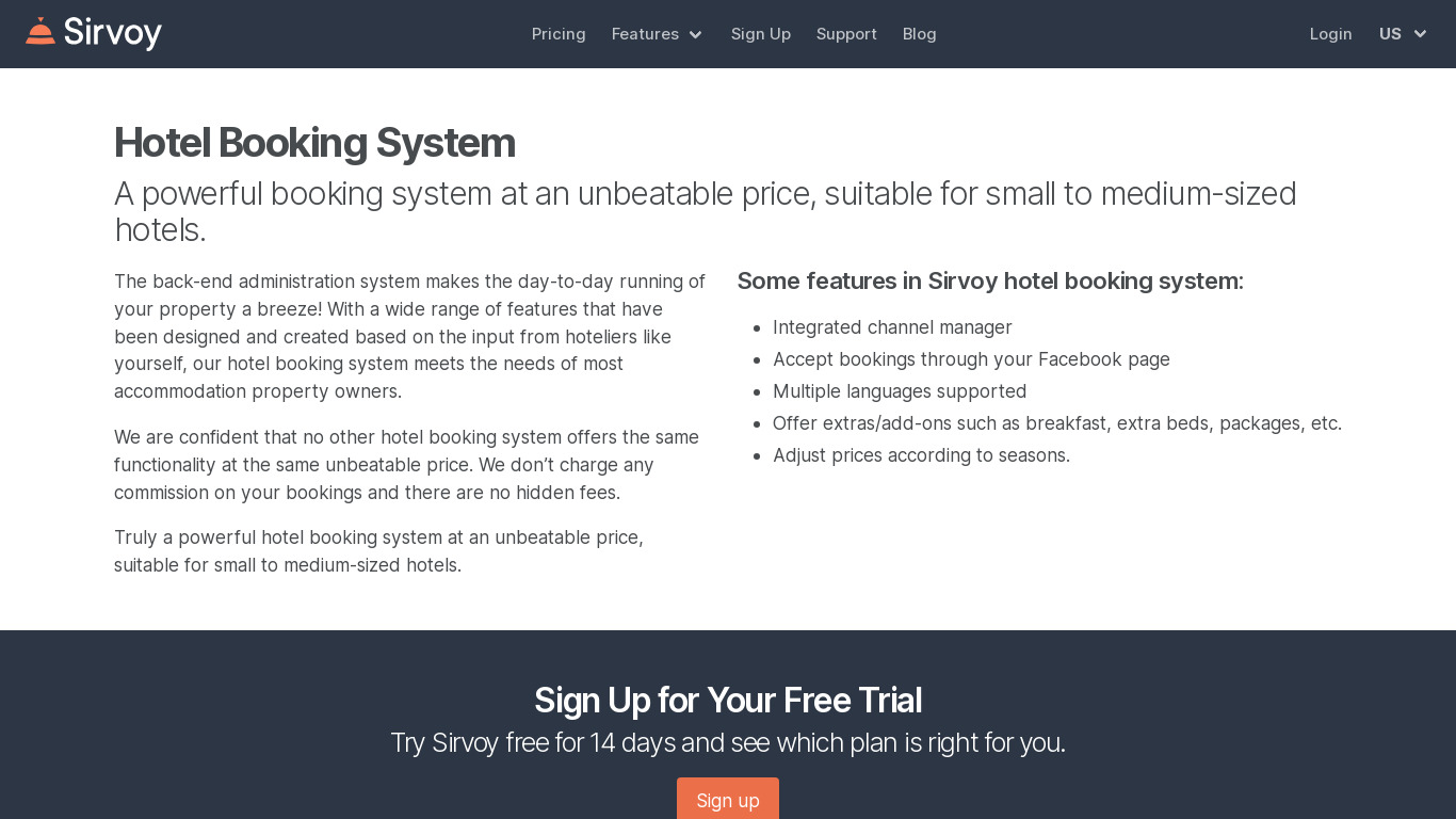 Sirvoy Booking System Landing page