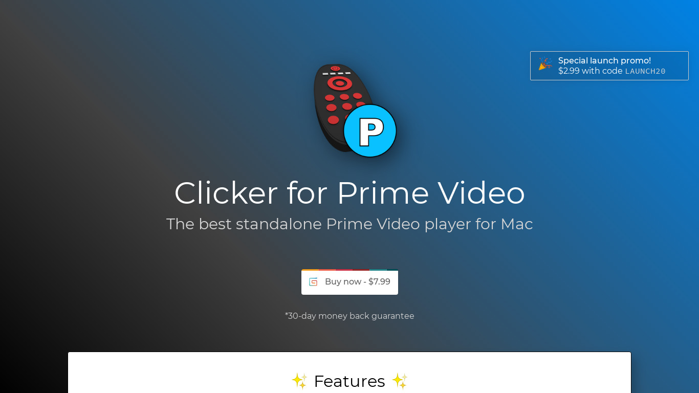 Clicker for Prime Video Landing page
