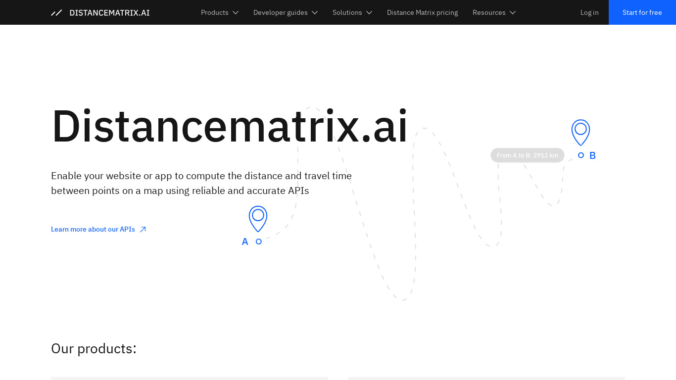 Distance Matrix API Landing page