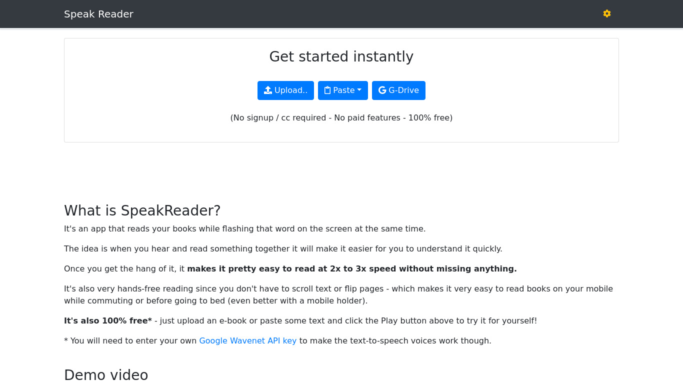 Speak Reader Landing page