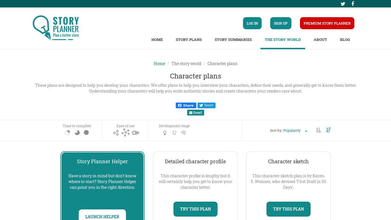 Character Story Planner Landing page