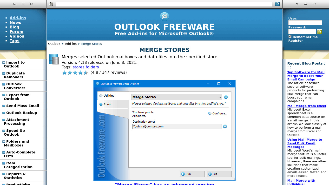 Merge Stores for Outlook Landing page