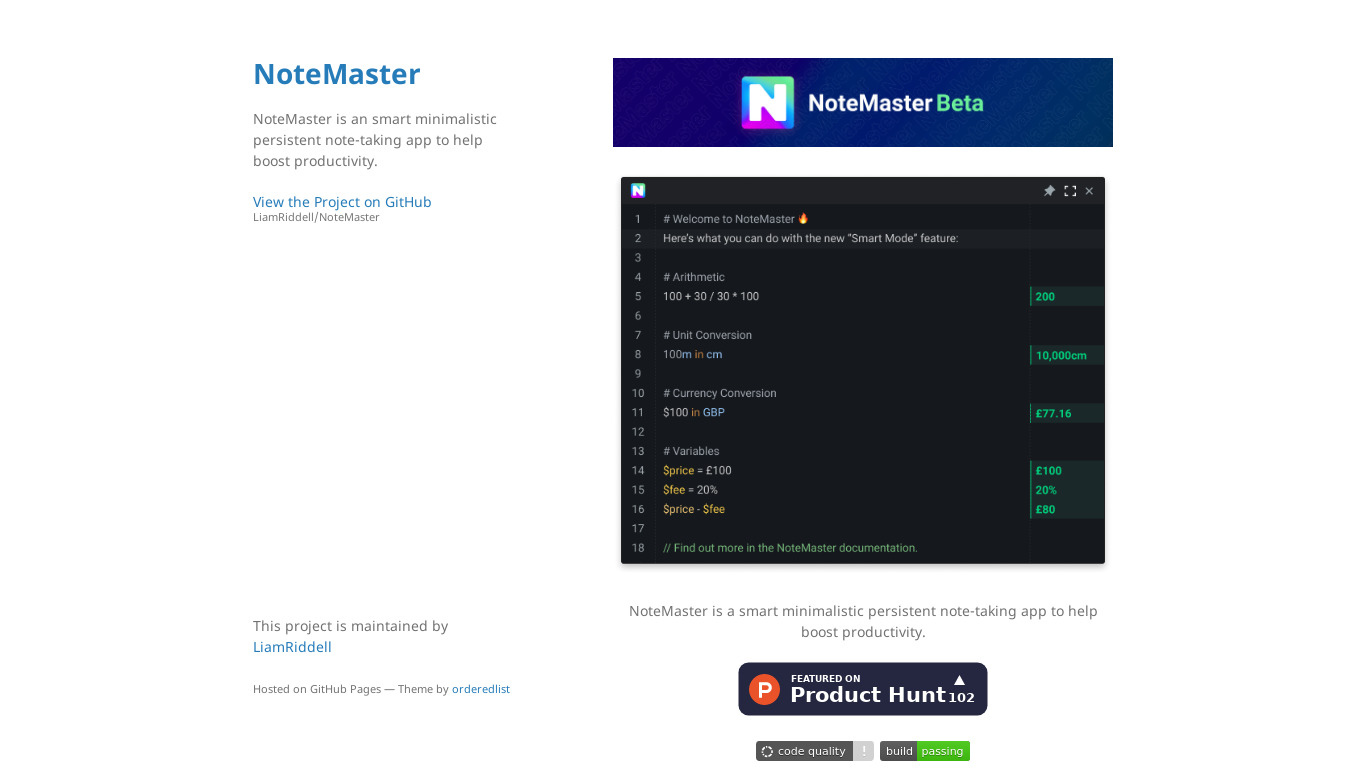 NoteMaster Landing page