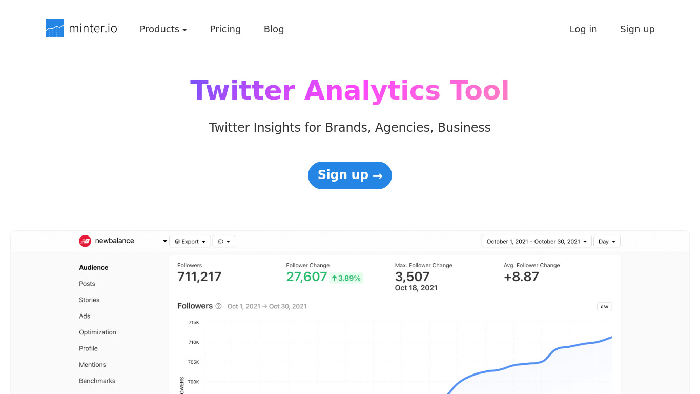Twitter Analytics from Minter.io Landing page
