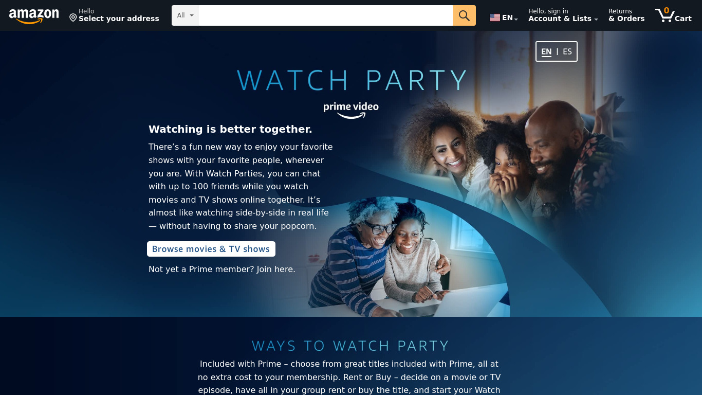 Prime Video Watch Party Landing page