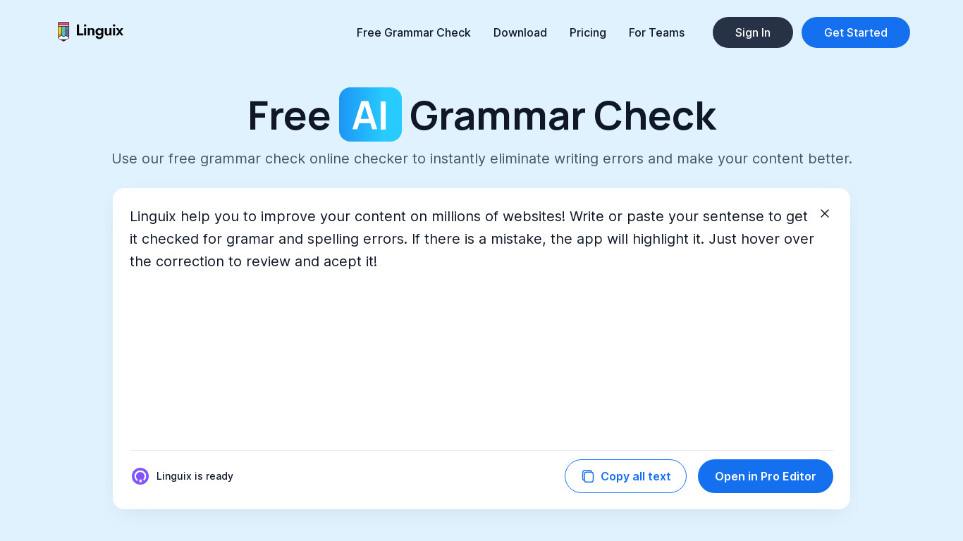 Linguix Grammar Checker Landing page