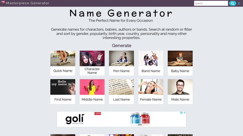 Name Generator by Masterpiece Generator Landing Page